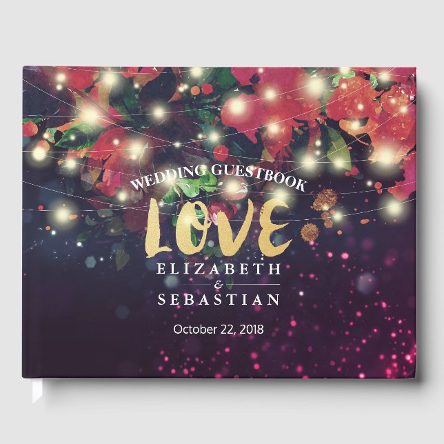 Wedding Guestbook Burgundy Red Floral String Light Gästebuch (Vorderseite)