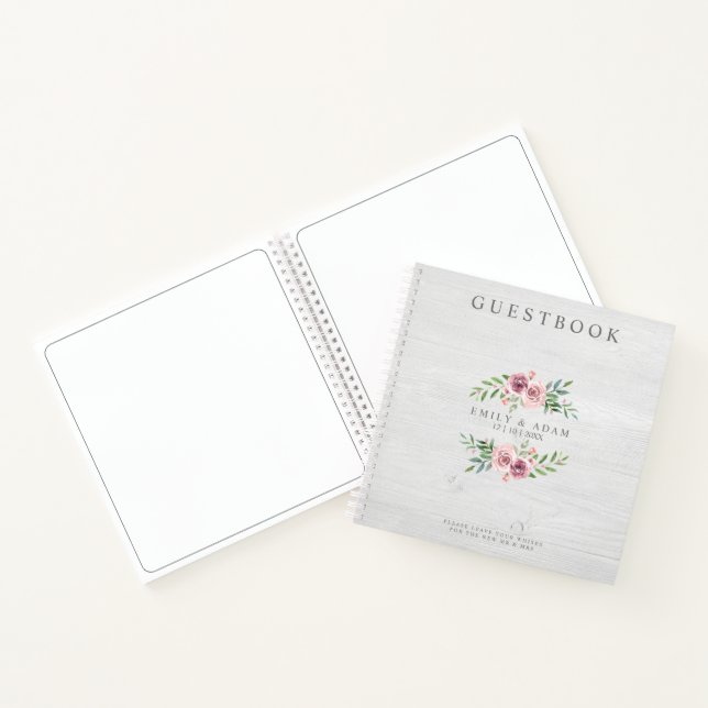 Wedding GuestBook Foto auf Holz auf rosa Kranz Notizbuch (Innenseite)