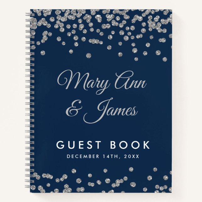 Wedding Guestbook Silver Glitzer Confetti Navy Notizbuch (Vorderseite)