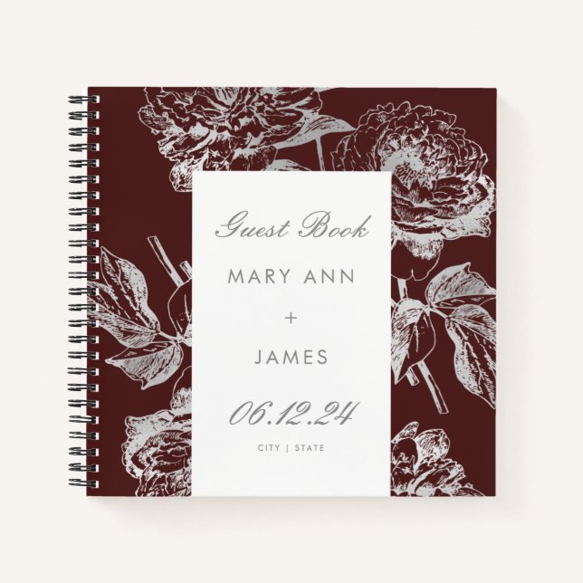 Wedding Guestbook Simple Floral Silver Burgundy Notizbuch (Vorderseite)