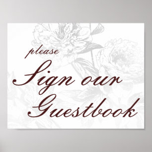 Wedding Guestbook Simple Floral Silver Burgundy Poster