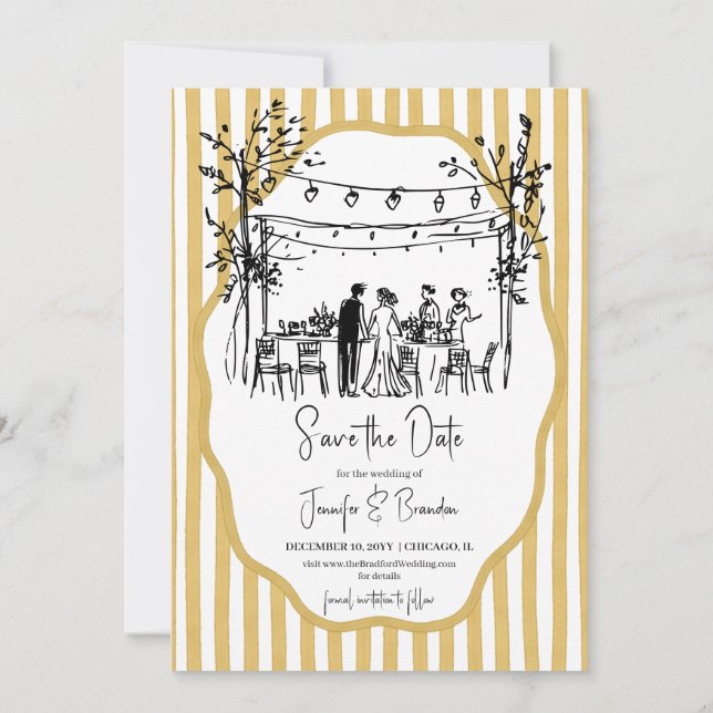 Wedding hand sketched mustard striped einladung (Rückseite)