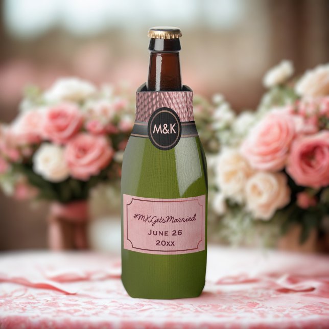 Wedding Hashtag Pink Rose Champagne Flaschenkühler (Just add your wedding hashtag and date to this cute mini bottle cooler)