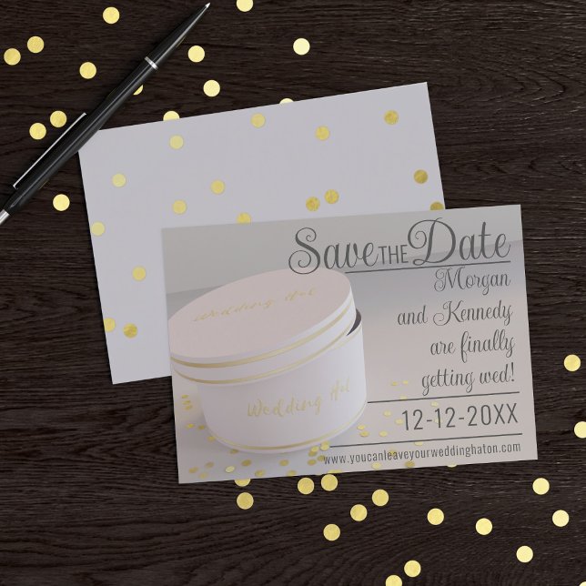 Wedding Hat Box Confetti Save the Date Einladung (Add your wedding details to this wedding hat box themed Save the Date)