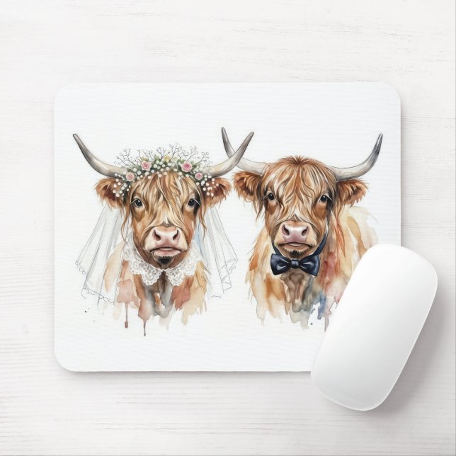 Wedding Highland Cows in Watercolor Mousepad (Mit Mouse)