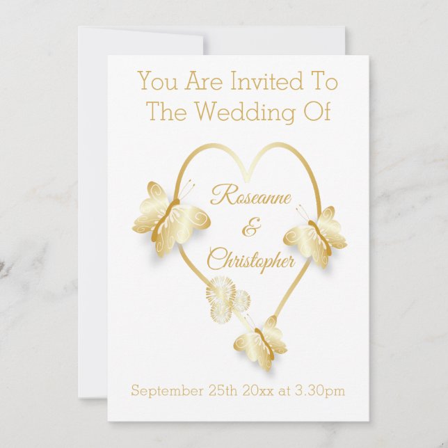 Wedding Invitation Gold Coloured Heart Butterfly Einladung (Vorderseite)