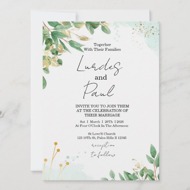  Wedding invitation  green flowers with gold Einladung (Vorderseite)