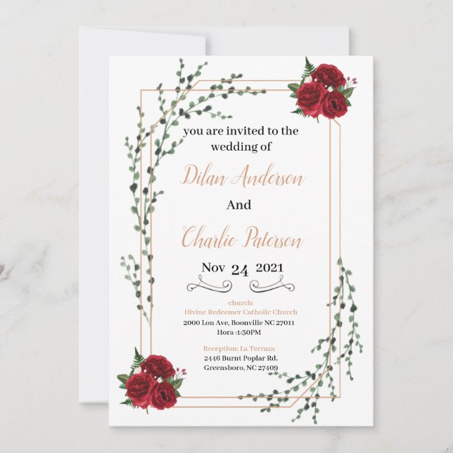 Wedding Invitation, red rose  Gold  (Vorderseite)