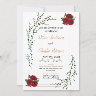 Wedding Invitation, red rose  Gold 