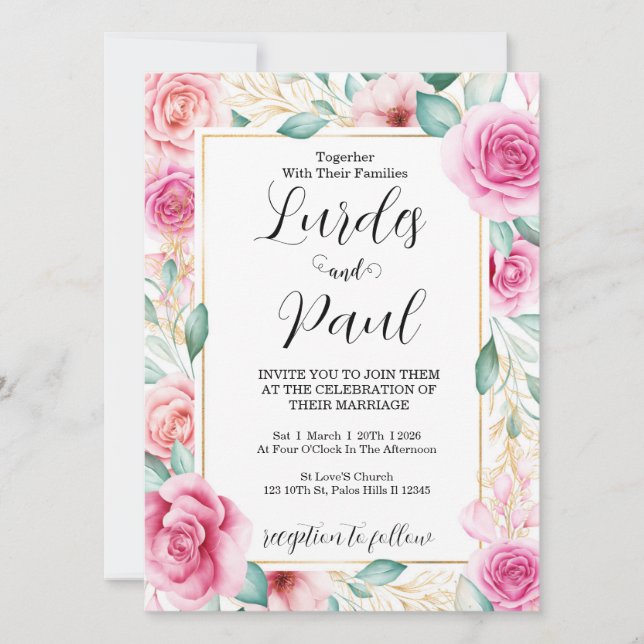  Wedding invitation Roses Pink Einladung (Vorderseite)