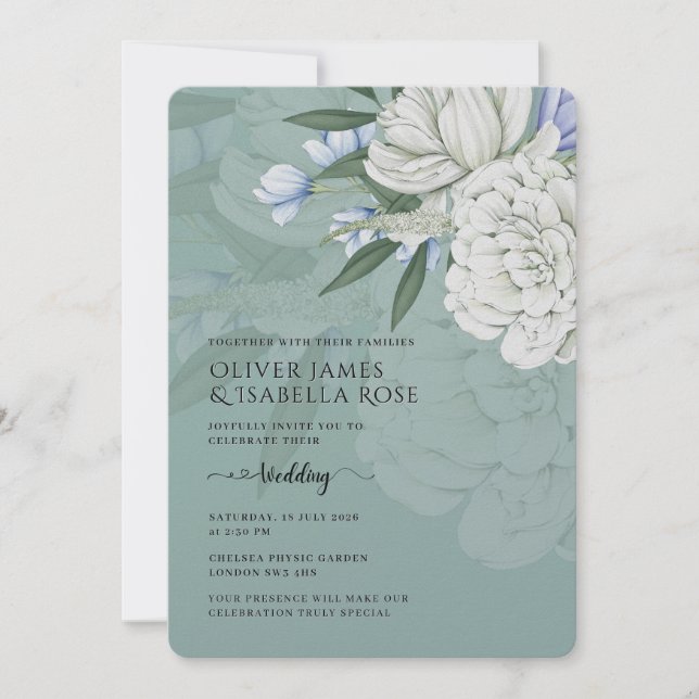 Wedding Invitation | Sage Green & White Peonies Einladung (Vorderseite)