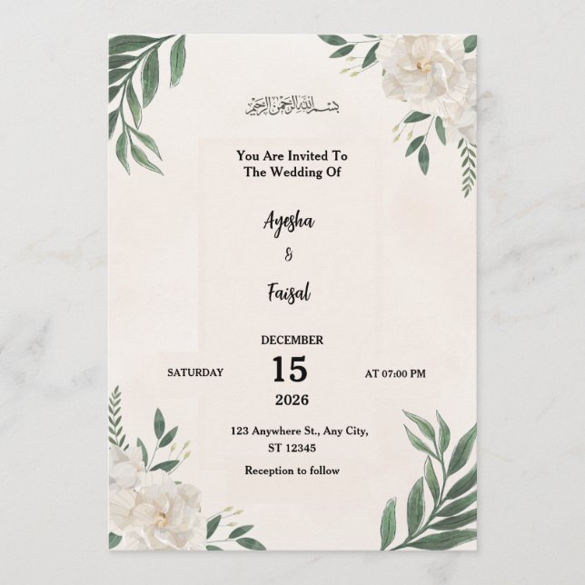 Wedding Invitation with Elegant Greenery and White Programm (Vorderseite)