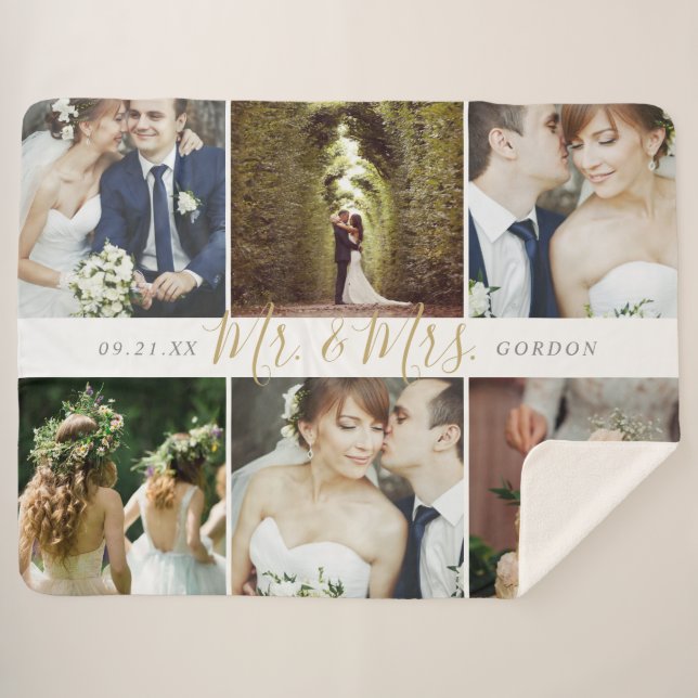 Wedding Keepake Mr. und Mrs. 6 Foto Collage Sherpadecke (Vorderseite (Horizontal))