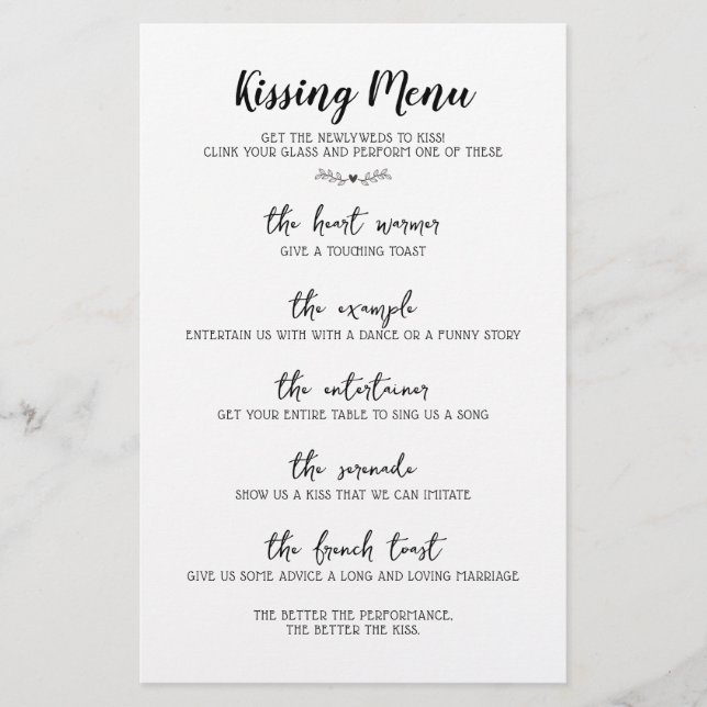 Wedding Kissing Menu Kalligrafie Schwarz & Weiß (Vorderseite)