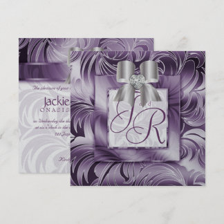 Wedding Leaf Floral Lila Silver Bow 2 Einladung