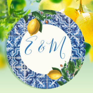 Wedding Lemon Blue Tile Monogram Summer Runder Aufkleber