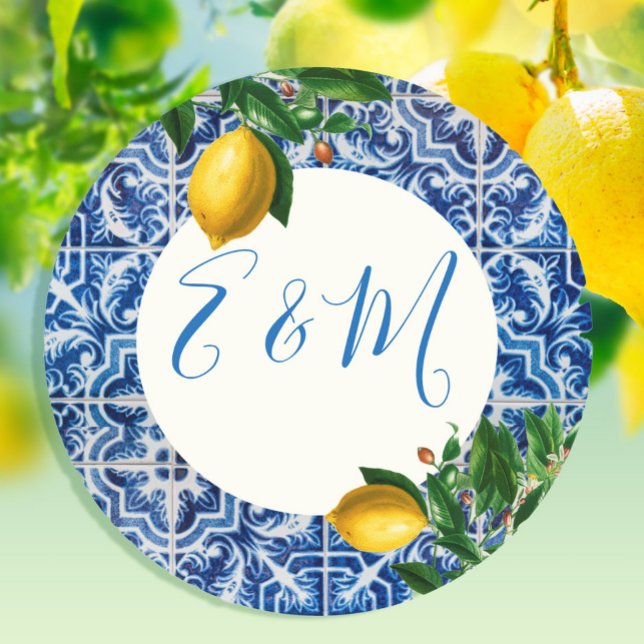 Wedding Lemon Blue Tile Monogram Summer Runder Aufkleber (Von Creator hochgeladen)