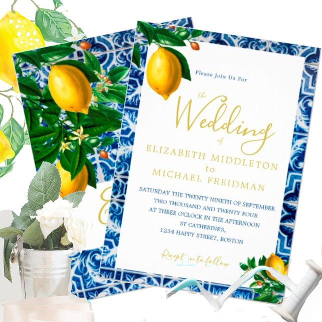 Wedding Lemons Blue White Tiles Tuscan Elegante Einladung (Von Creator hochgeladen)