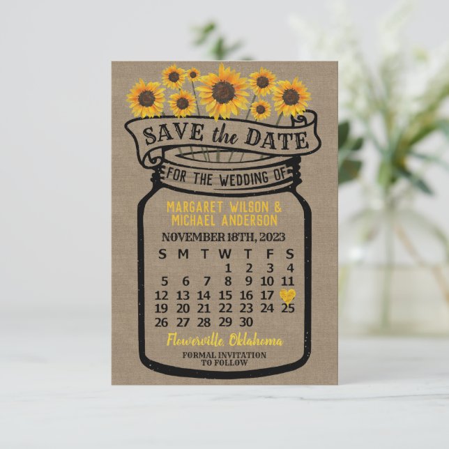 Wedding Mason Jar Sonnenblume November 2023 Kalend Save The Date (Stehend Vorderseite)
