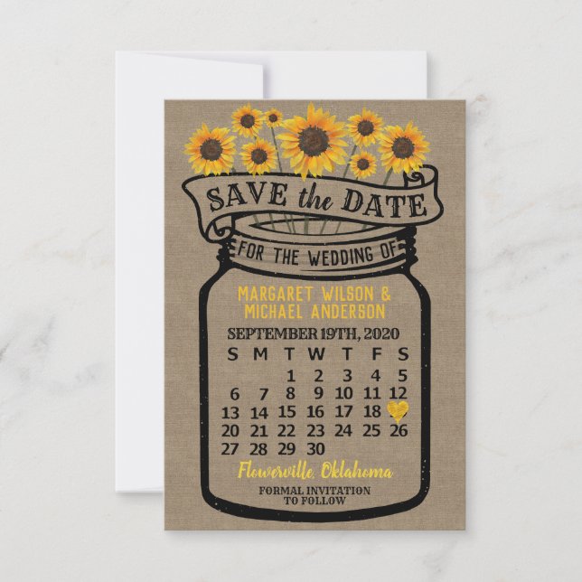 Wedding Mason Jar Sonnenblume September 2020 Monat Save The Date (Vorderseite)
