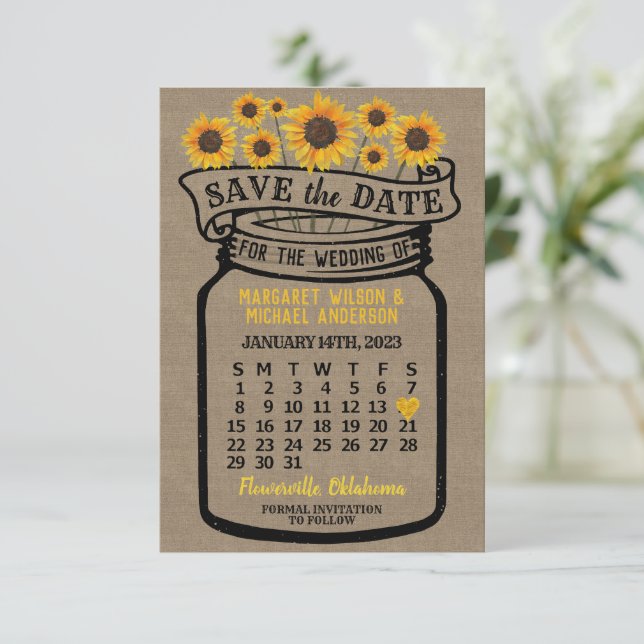 Wedding Mason Jar Sonnenblumen Januar 2023 Kalende Save The Date (Stehend Vorderseite)