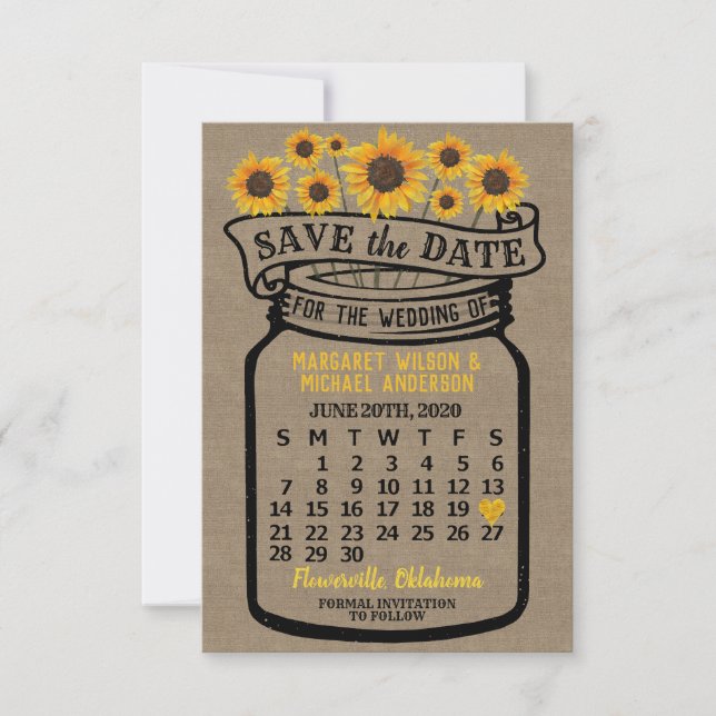 Wedding Mason Jar Sonnenblumen Juni 2020 Kalender Save The Date (Vorderseite)