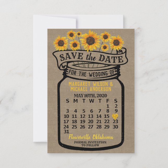 Wedding Mason Jar Sonnenblumen Mai 2020 Kalender Save The Date (Vorderseite)