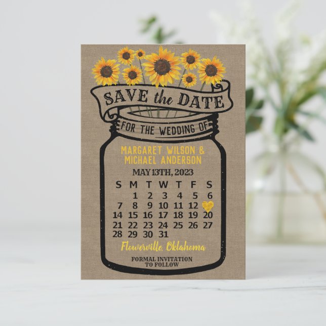 Wedding Mason Jar Sonnenblumen Mai 2023 Kalender Save The Date (Stehend Vorderseite)