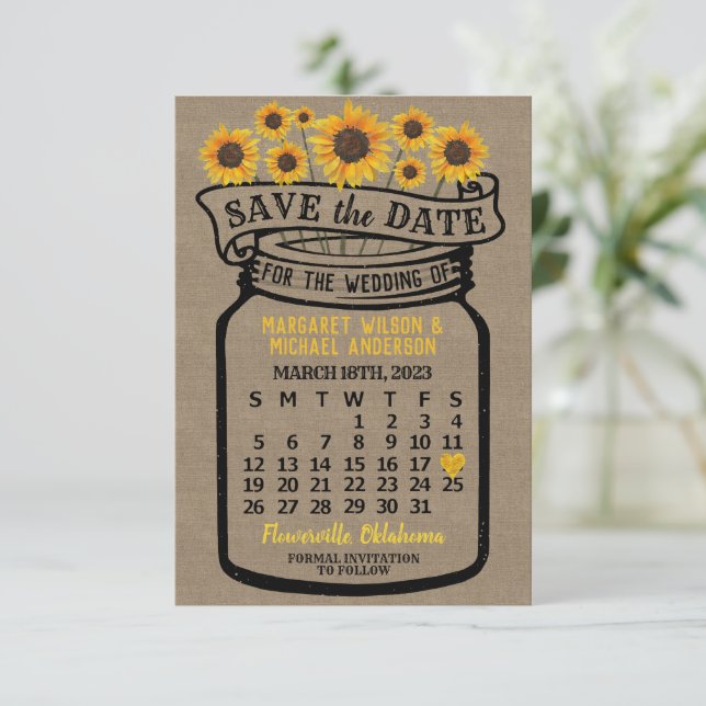 Wedding Mason Jar Sonnenblumen März 2023 Kalender Save The Date (Stehend Vorderseite)