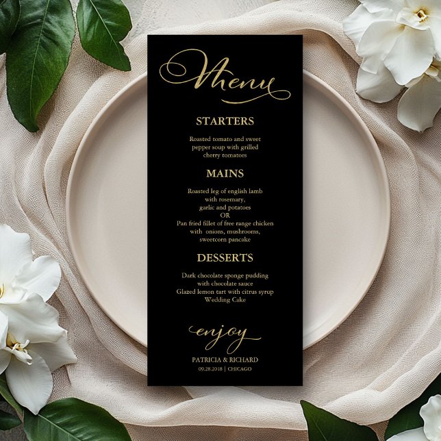 Wedding Menu Elegant Black Gold Foil Script Menükarte (Von Creator hochgeladen)