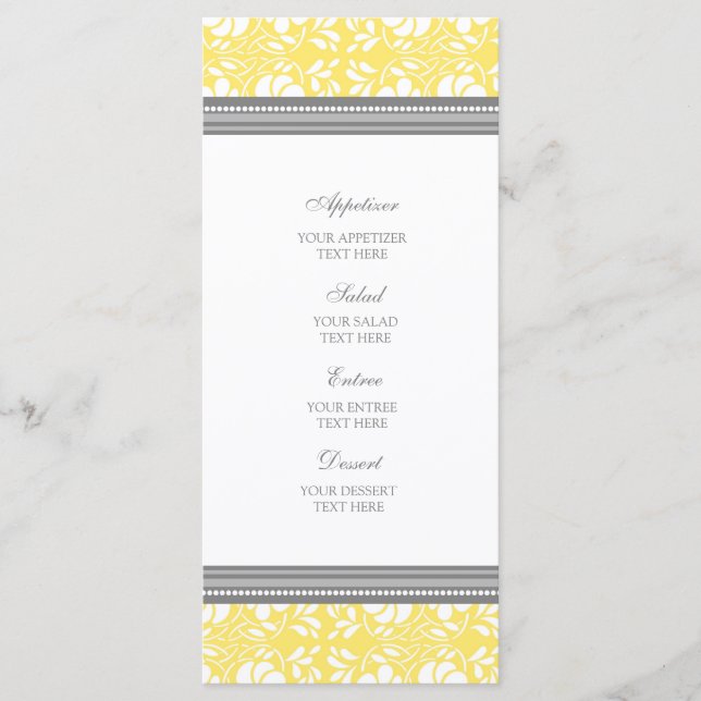 Wedding Menu Lemon Gray Damask Menükarte (Vorderseite)