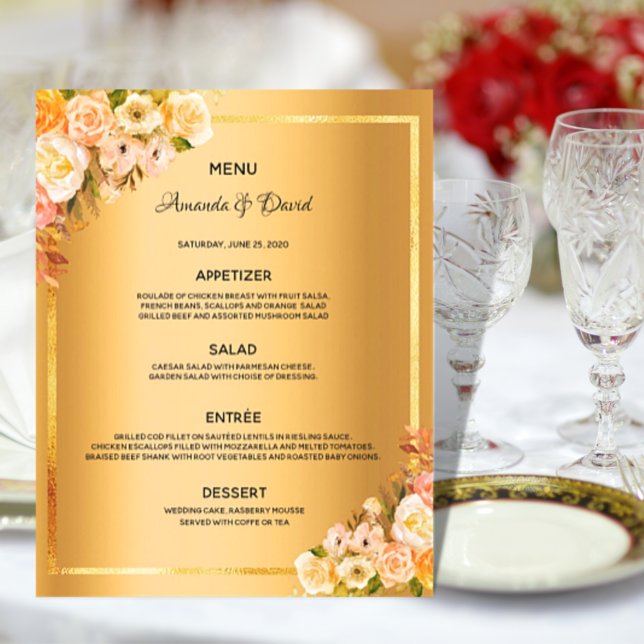 Wedding Menu pink florals gold glam elegant (Von Creator hochgeladen)