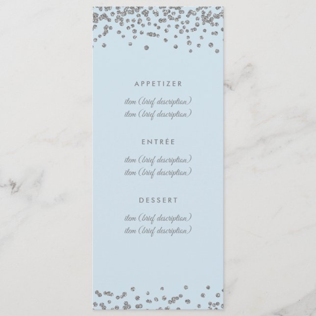 Wedding Menu Silver Faux Glitter Confetti Ice Blue Menükarte (Vorderseite)