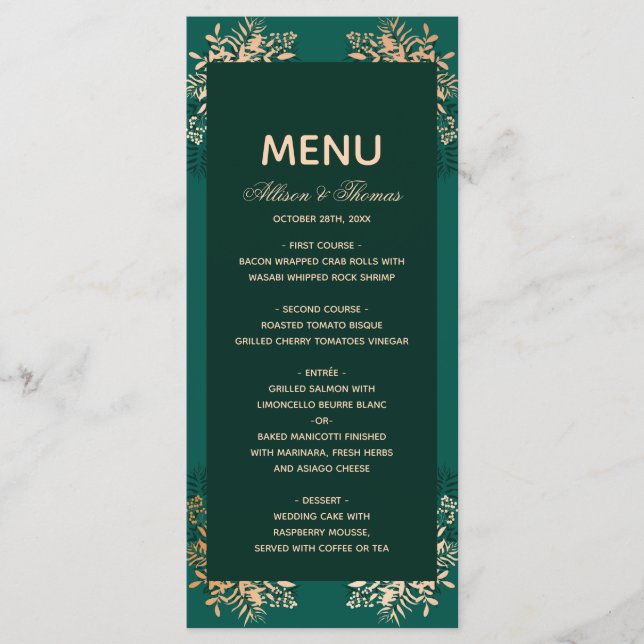 Wedding Menu Smaragdgoldene Kraut Menükarte (Vorderseite)