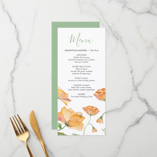 Wedding Menus Watercolor Orange Florals Menükarte (Vorderseite/Rückseite Beispiel)