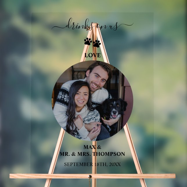 Wedding Modern Photo Couple Pet Dog Drinks on Us Acrylschild (Neutral)