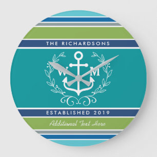Wedding Monogram Anchor Laurel Wreath Aqua Stripes Große Wanduhr