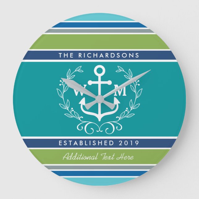 Wedding Monogram Anchor Laurel Wreath Aqua Stripes Große Wanduhr (Vorderseite)