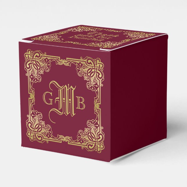 Wedding Monogram Classic Gold Frame Burgundy Geschenkschachtel (Vorderseite)