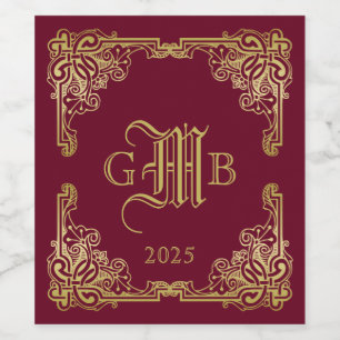Wedding Monogram Classic Gold Frame Burgundy Weinetikett