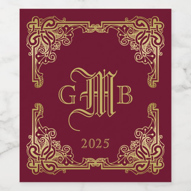 Wedding Monogram Classic Gold Frame Burgundy Weinetikett (Einzelnes Label)