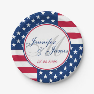 Wedding Monogram Custom USA Flag Pappteller