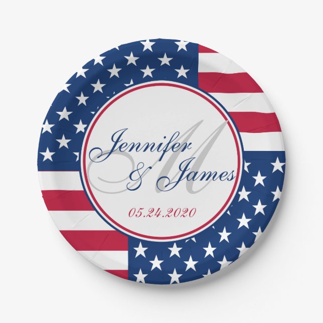 Wedding Monogram Custom USA Flag Pappteller (Vorderseite)