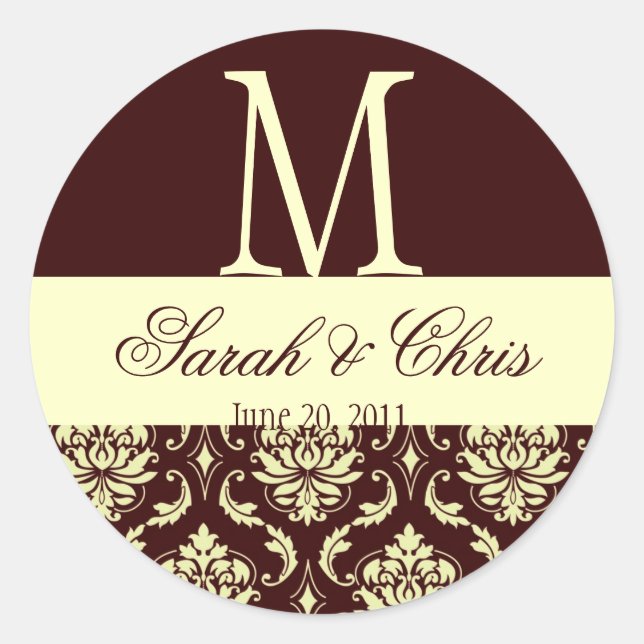 Wedding Monogram Damask Brown ElfenbeinSiegel Runder Aufkleber (Vorderseite)