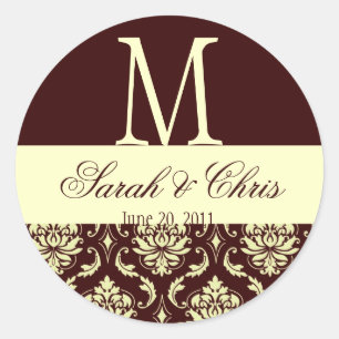 Wedding Monogram Damask Brown ElfenbeinSiegel Runder Aufkleber