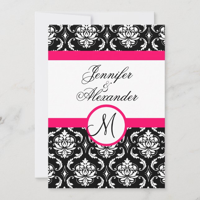 Wedding Monogram Damask Hot Pink Invitation back Einladung (Vorderseite)