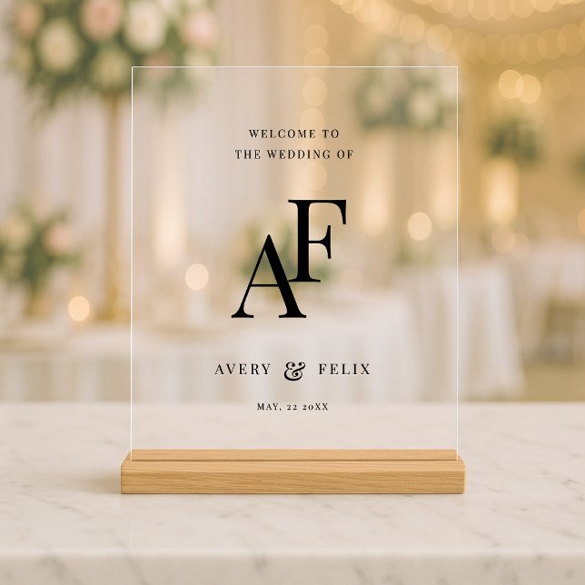Wedding Monogram Elegant Minimalistisch Willkommen Acrylschild (Elegant black & white editable acrylic tabletop monogram wedding sign.)