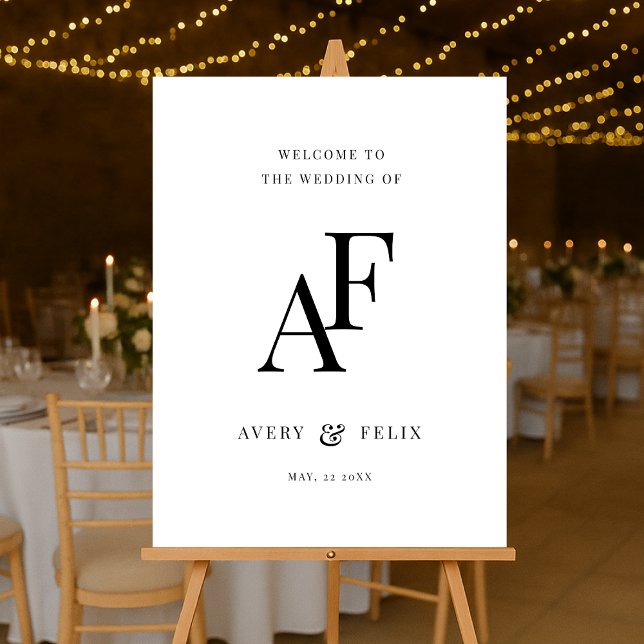 Wedding Monogram Elegant Minimalistisch Willkommen Acrylschild (Elegant black & white editable  monogram wedding welcome acrylic easel sign.)