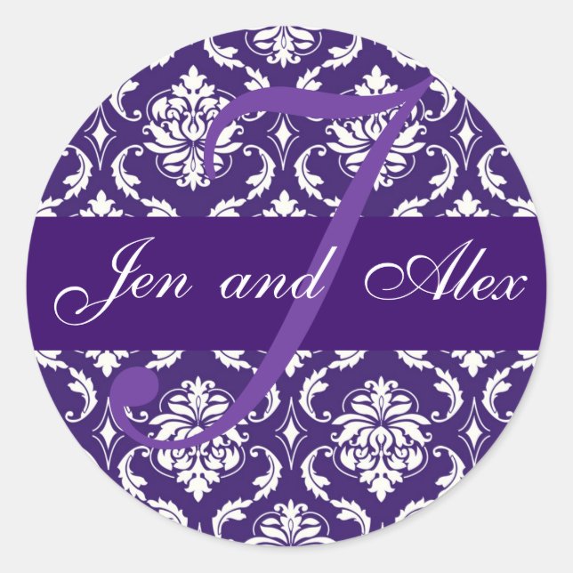 Wedding Monogram J Lila Damask Favor Sticker (Vorderseite)