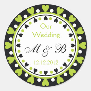 Wedding Monogram - Leaf Green Hearts Runder Aufkleber